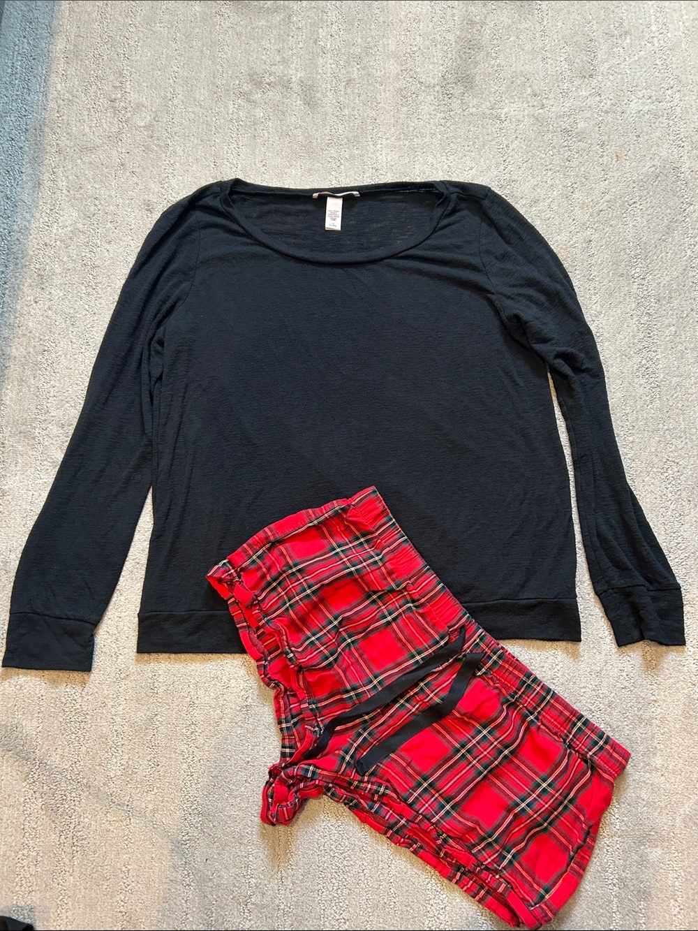Victoria’s Secret Black Top and Red Plaid Short Pajama Set